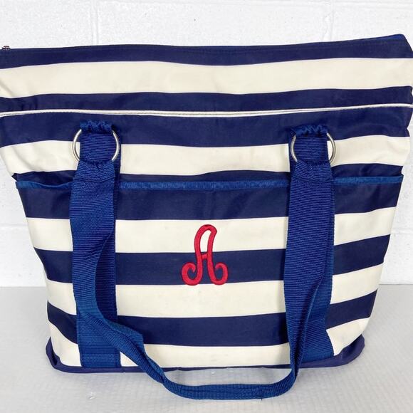 Initials Inc Beach Bag‎ Tote Navy Blue Ivory White Stripe Mesh Bottom Pockets A - Picture 1 of 15